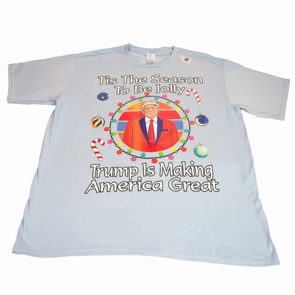 Tis The Season To Be Jolly Trump Men’s XL Baby Blue Crewneck Graphic T-Shirt Tee